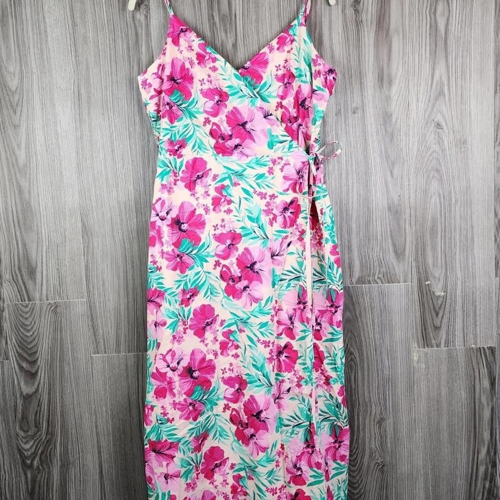 J.Crew Floral Wrap Midi Dress‎ Pink Teal Tropical Print Spaghetti Strap V-Neck